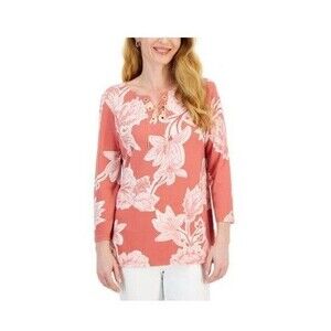 JM Collection Womens XXL Burnt Brick Combo Pink Floral Blouse Top NWT BL86